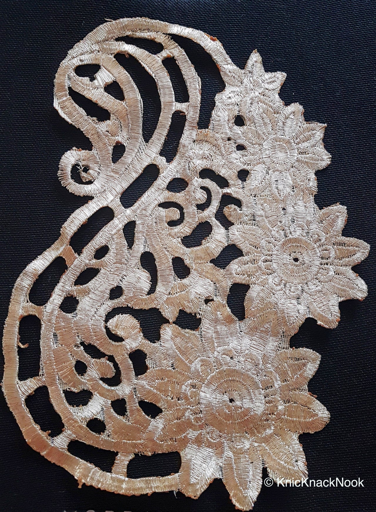 Antique Gold / Bronze Tone Crochet Thread Fabric Applique, Flower Applique - 200317A84
