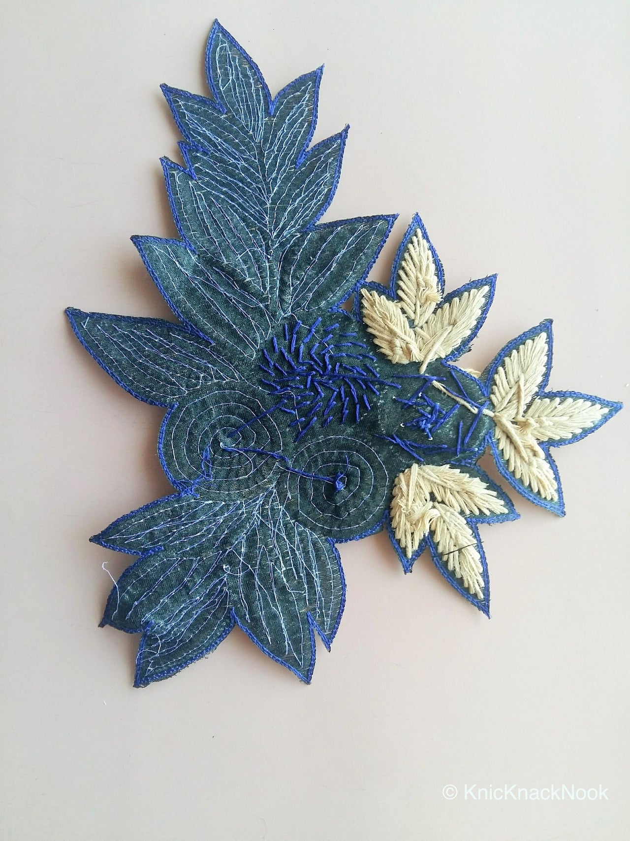 Floral Applique With Beige And Orange / Blue Embroidery, Beige, Brown And Bronze Sequins And White Pearl Beads