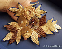 Thumbnail for Floral Applique With Beige And Orange / Blue Embroidery, Beige, Brown And Bronze Sequins And White Pearl Beads