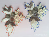Thumbnail for Floral Applique With Beige And Orange / Blue Embroidery, Beige, Brown And Bronze Sequins And White Pearl Beads