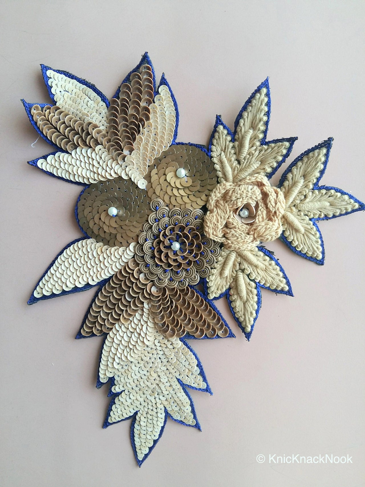 Floral Applique With Beige And Orange / Blue Embroidery, Beige, Brown And Bronze Sequins And White Pearl Beads