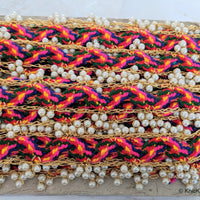 Thumbnail for Multicoloured Wool Woven Trim With Gold Piping and Off White Pearl Beads, Approx. 40mm Wide - 010518L6