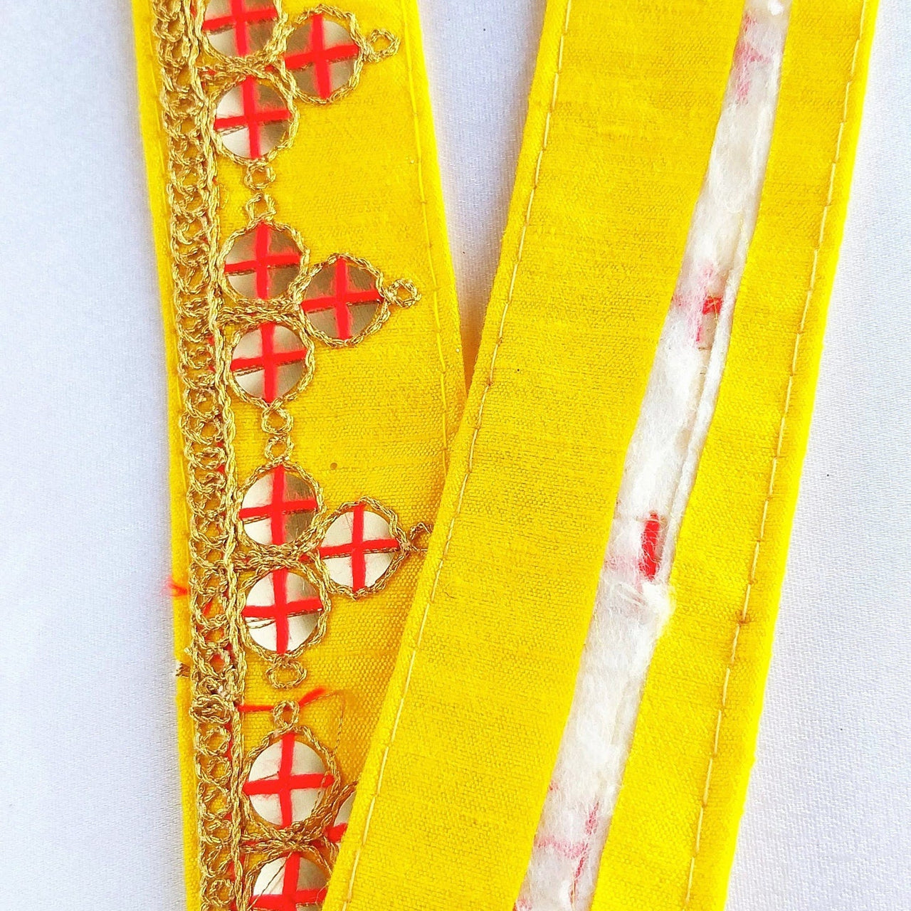 Mirrored Yellow/ Mint Green/ Cyan Blue/ Melon Orange Fabric Trim With Gold Embroidery, Indian Sari border - 210119L291/92/93/94