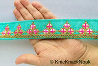 Thumbnail for Mirrored Yellow/ Mint Green/ Cyan Blue/ Melon Orange Fabric Trim With Gold Embroidery, Indian Sari border - 210119L291/92/93/94