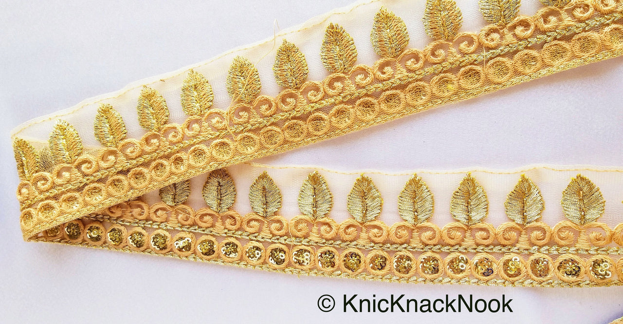 Tan Brown Nude Net Lace Trim With Beautiful Brown And Gold Embroidery and Gold Sequins, Decorative Trim Costume Fashion Trim, Trim By Yard