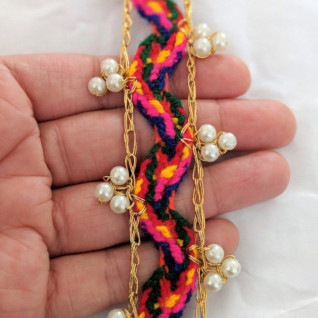 Multicoloured Wool Woven Trim With Gold Piping and Off White Pearl Beads, Approx. 40mm Wide - 010518L6