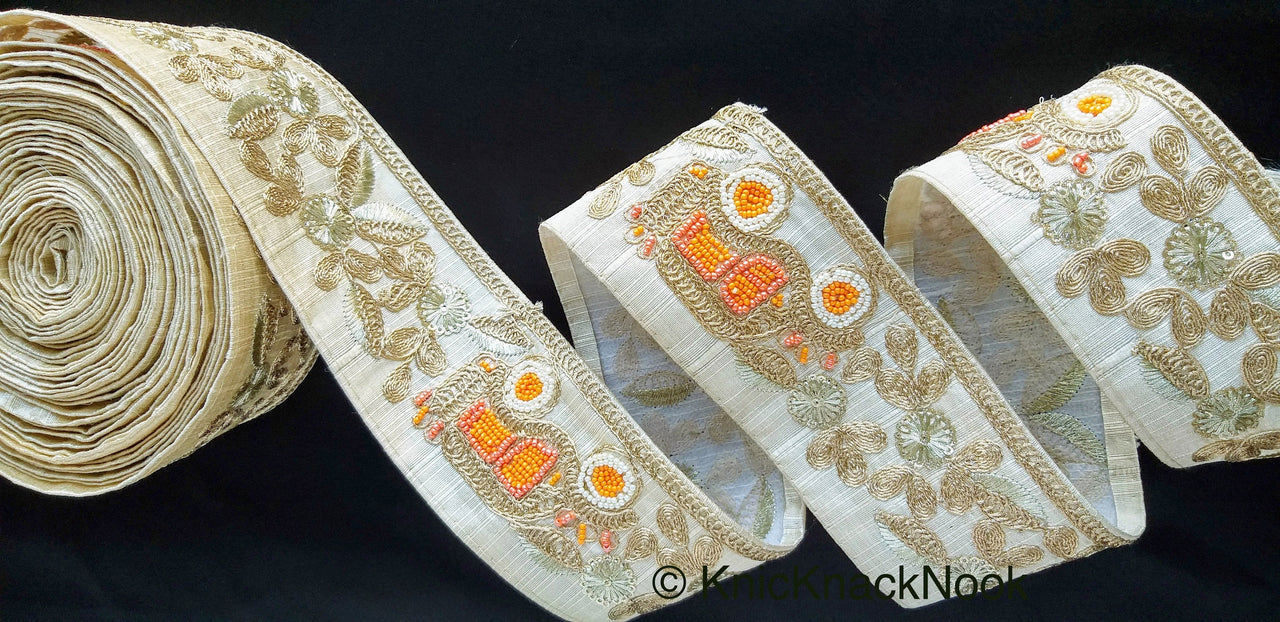 Beige / Sage Green / Black/ Blue Silk Trim With Intricate Gold Embroidered Flowers and Car with Orange And White Beads, Approx. 64mm wide