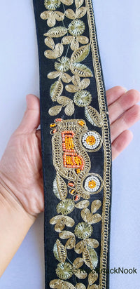 Thumbnail for Beige / Sage Green / Black/ Blue Silk Trim With Intricate Gold Embroidered Flowers and Car with Orange And White Beads, Approx. 64mm wide