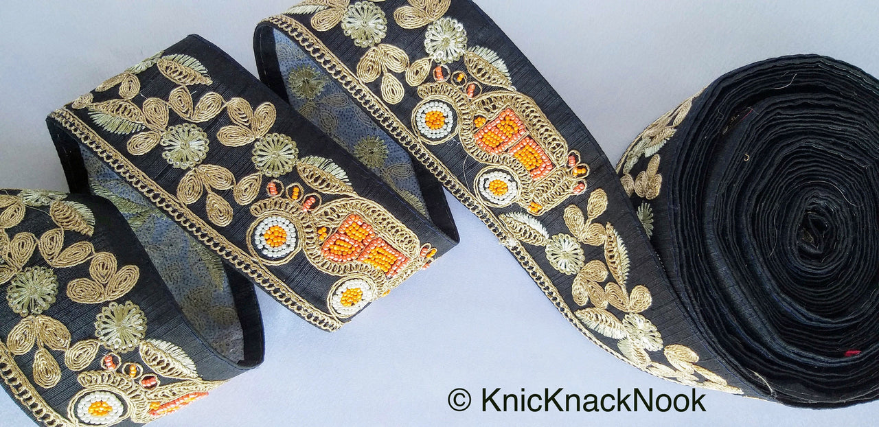 Beige / Sage Green / Black/ Blue Silk Trim With Intricate Gold Embroidered Flowers and Car with Orange And White Beads, Approx. 64mm wide