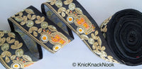 Thumbnail for Beige / Sage Green / Black/ Blue Silk Trim With Intricate Gold Embroidered Flowers and Car with Orange And White Beads, Approx. 64mm wide