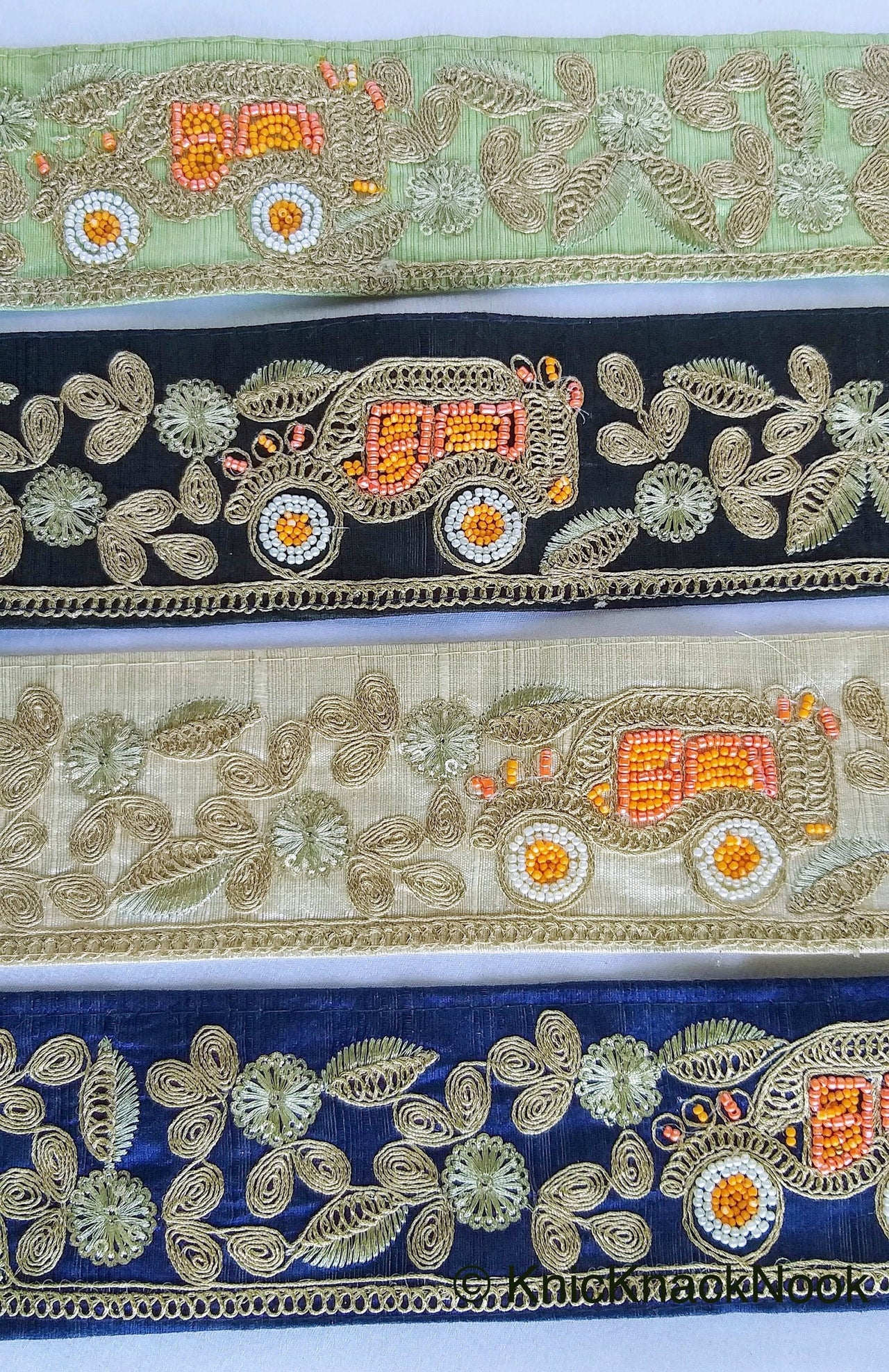 Beige / Sage Green / Black/ Blue Silk Trim With Intricate Gold Embroidered Flowers and Car with Orange And White Beads, Approx. 64mm wide