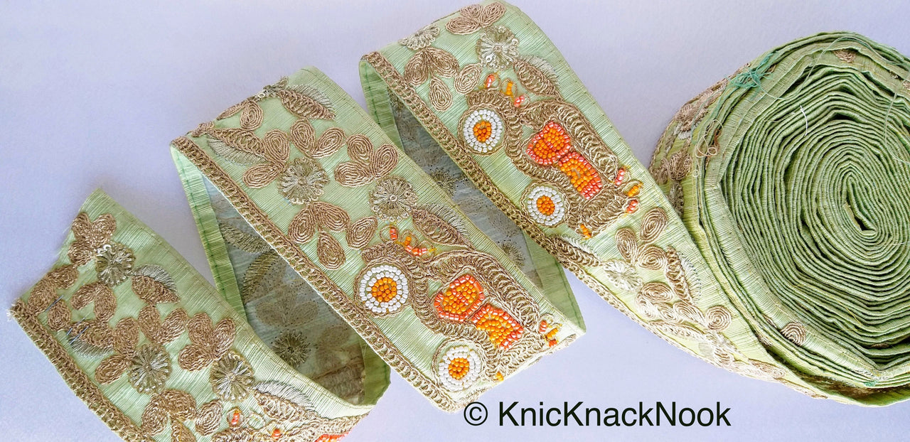 Beige / Sage Green / Black/ Blue Silk Trim With Intricate Gold Embroidered Flowers and Car with Orange And White Beads, Approx. 64mm wide