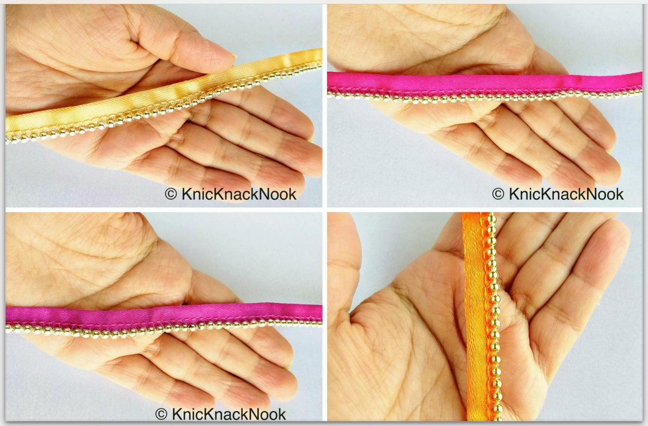 Satin Lace Trim Ribbon With Silver Gold Bead Piping, 13 Variations, Approx. 11 mm wide