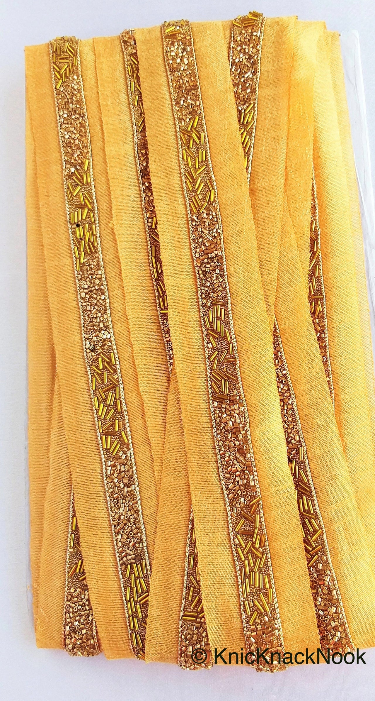 Beige Fabric Trim With Gold Bugle Beads Embellishments, Beaded Trim, Approx. 38mm