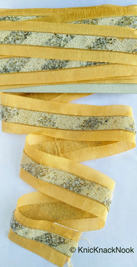 Thumbnail for Beige Fabric Trim With Off White Seed Beads And Grey Bugle Beads Embellishments, Beaded Trim, Approx. 62mm