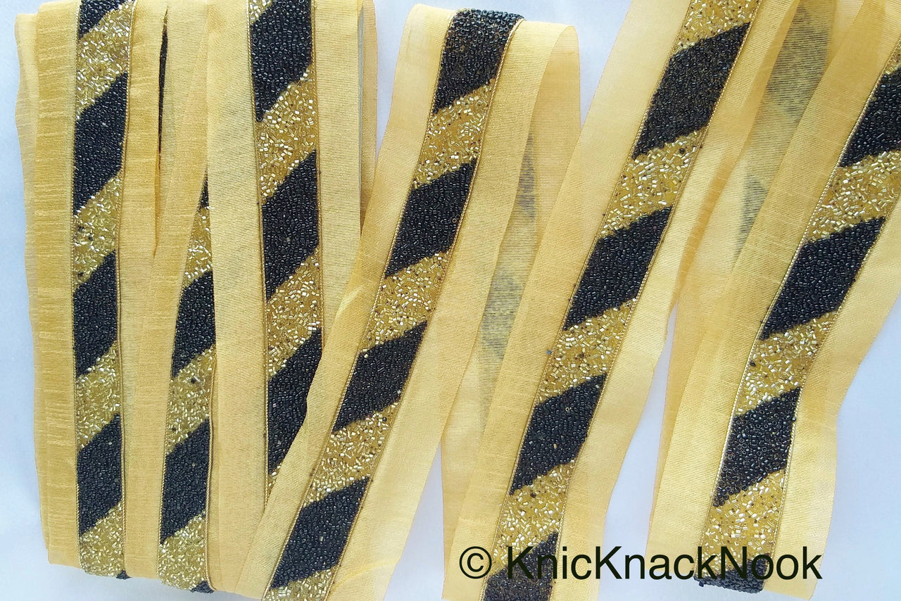 Gold Fabric Trim With Black Seed Beads And Gold Bugle Beads Embellishments, Stripe Beaded Trim, Approx. 65mm
