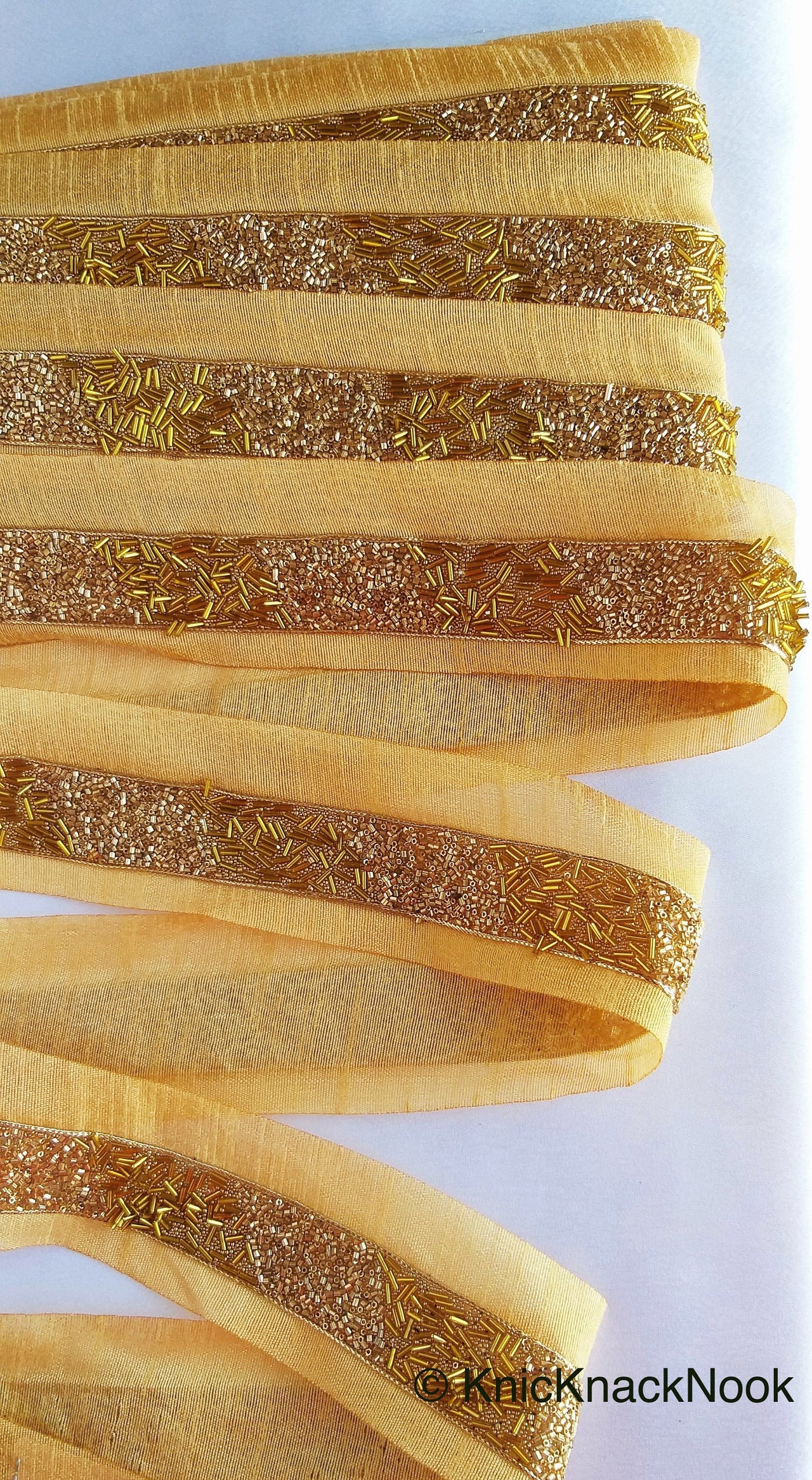 Beige Fabric Trim With Gold Seed Beads, Bugle Beads And Pipe Beads Embellishments, Beaded Trim