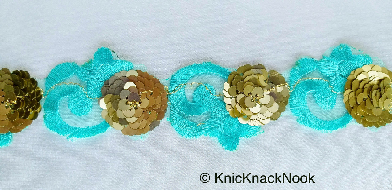 Blue Lace Trim, Tissue Fabric Cutwork With Floral Embroidery & Gold Sequins, Indian Embroidery