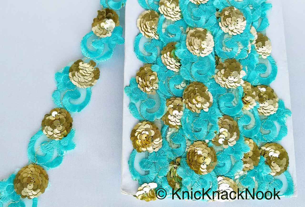 Blue Lace Trim, Tissue Fabric Cutwork With Floral Embroidery & Gold Sequins, Indian Embroidery