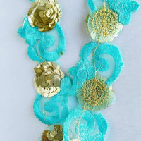 Thumbnail for Blue Lace Trim, Tissue Fabric Cutwork With Floral Embroidery & Gold Sequins, Indian Embroidery