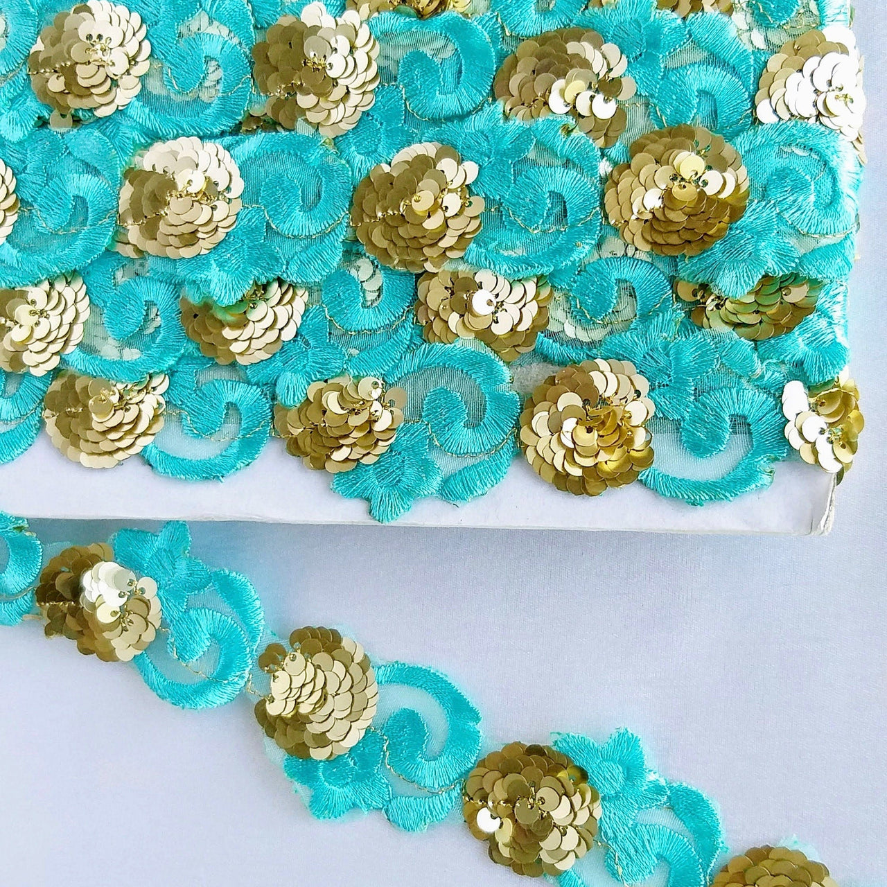 Blue Lace Trim, Tissue Fabric Cutwork With Floral Embroidery & Gold Sequins, Indian Embroidery