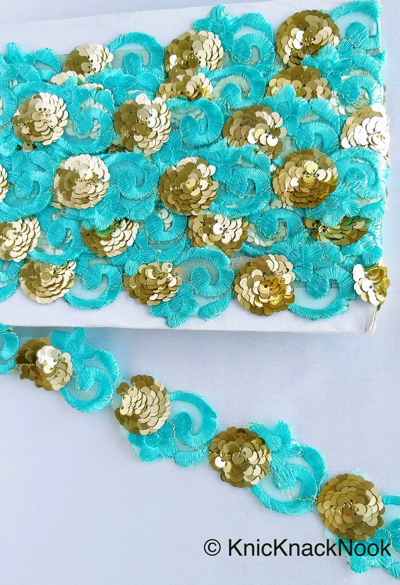 Wholesale Blue Lace Trim, Tissue Fabric Cutwork With Floral Embroidery & Gold Sequins, Indian Embroidery