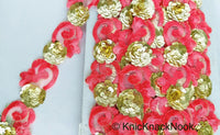 Thumbnail for Pink Lace Trim, Deep Blush Colour Tissue Fabric Cutwork With Floral Embroidery & Gold Sequins,
