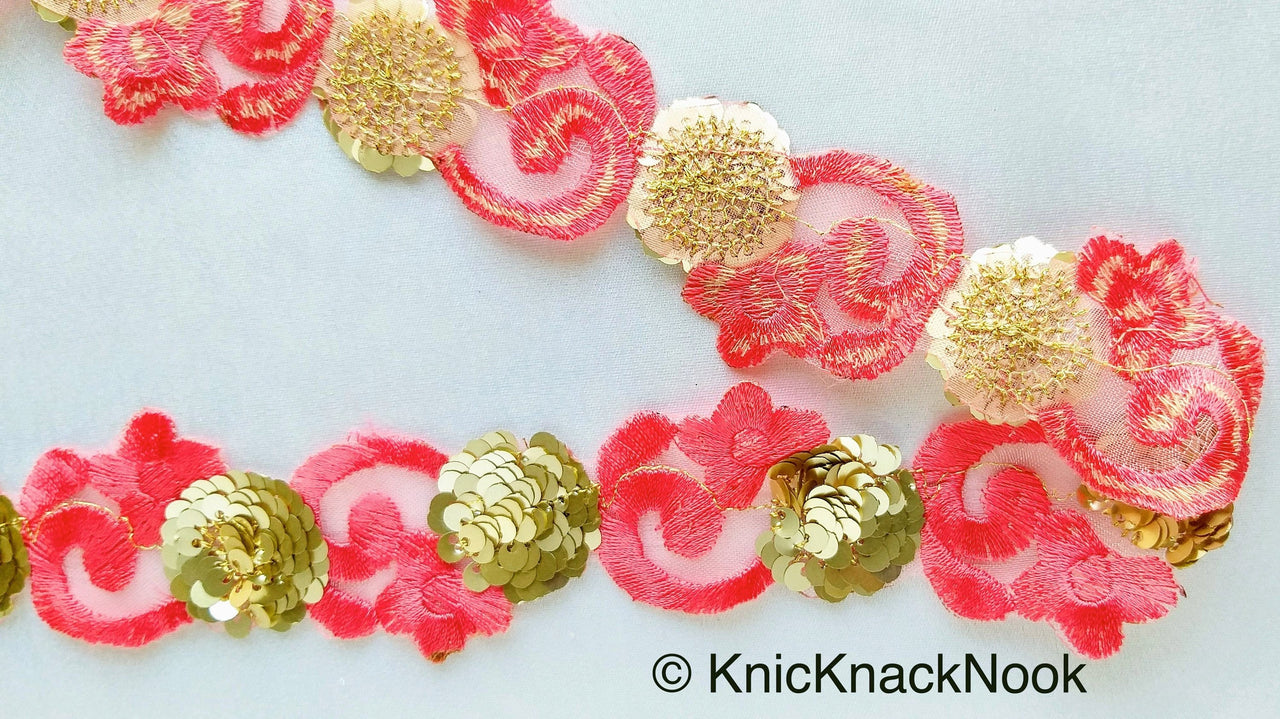 Pink Lace Trim, Deep Blush Colour Tissue Fabric Cutwork With Floral Embroidery & Gold Sequins,