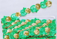 Thumbnail for Green Lace Trim, Tissue Fabric Cutwork With Floral Embroidery & Gold Sequins,