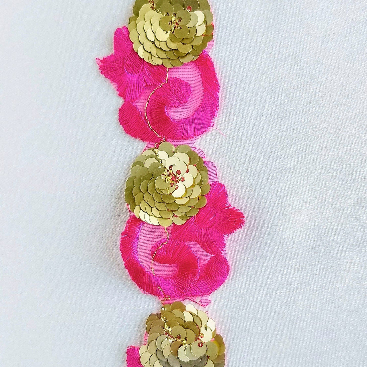 Fuchsia Pink Lace Trim, Tissue Fabric Cutwork With Floral Embroidery & Gold Sequins,