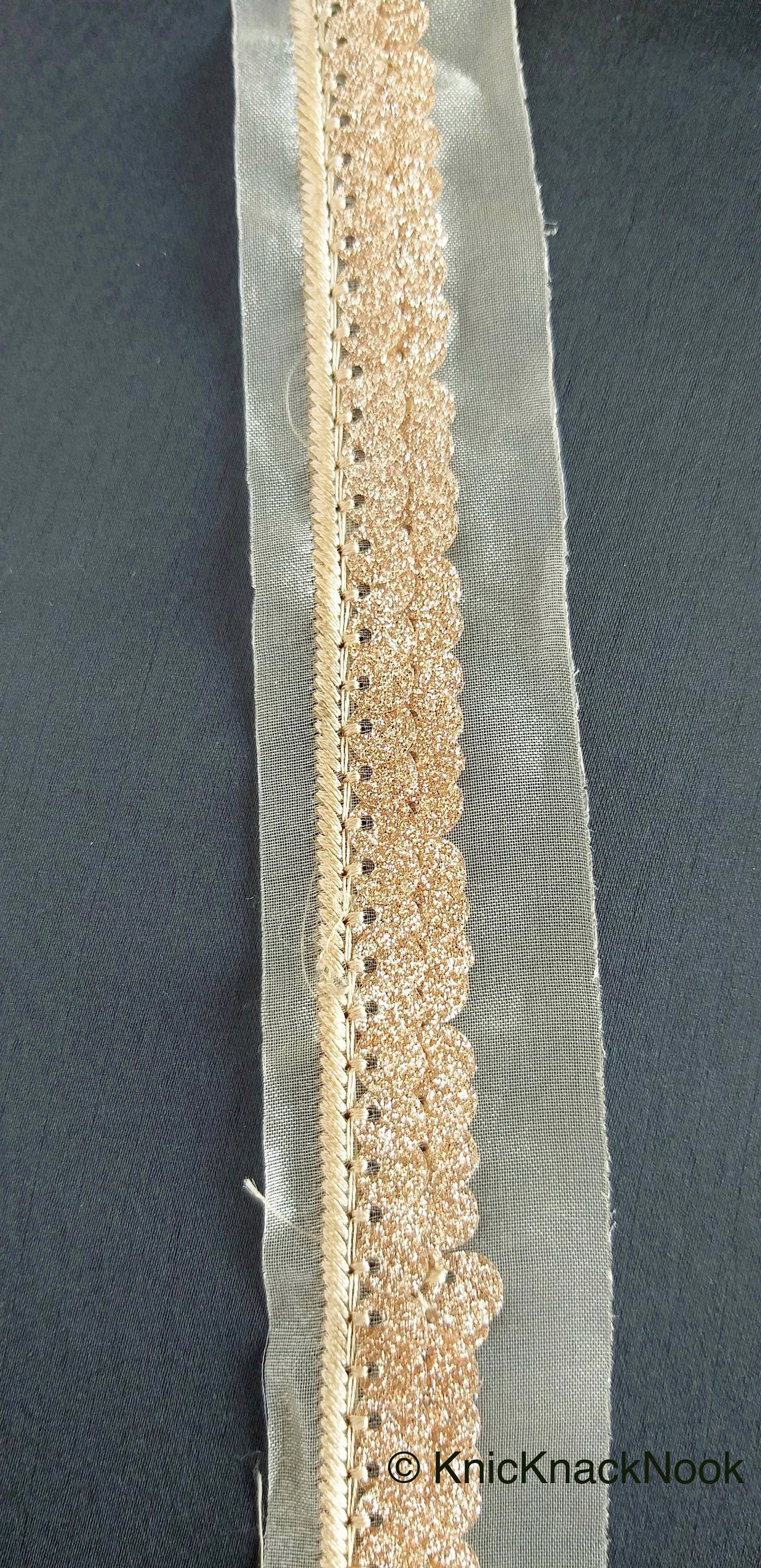 Beige Sheer Fabric Trim Embroidered With Beige Silk Thread And Glitter Copper Sequins, Approx. 33mm Wide