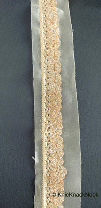 Thumbnail for Beige Sheer Fabric Trim Embroidered With Beige Silk Thread And Glitter Copper Sequins, Approx. 33mm Wide