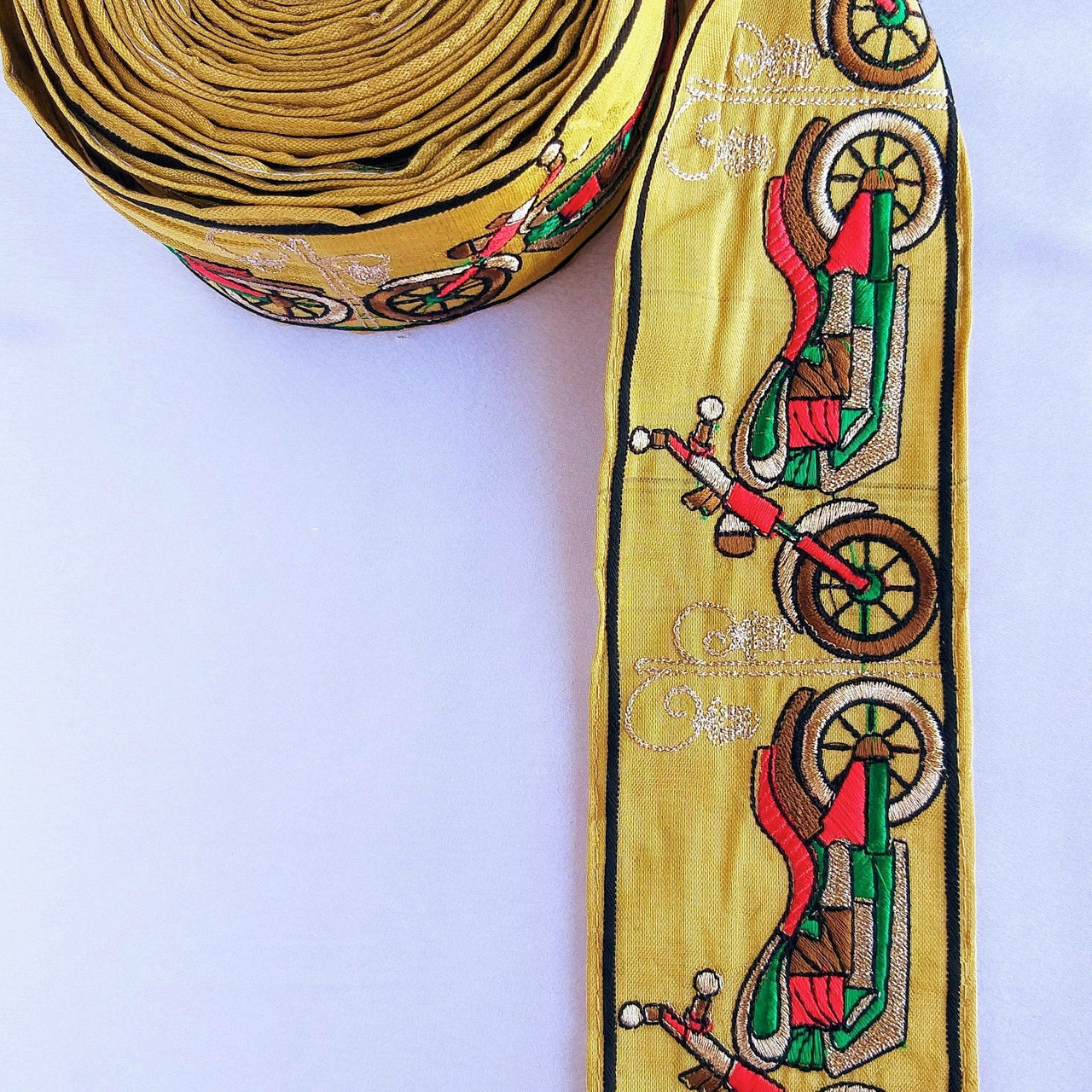 Beige Fabric trim with Embroidered Motorbikes - Brown, Red, Light Gold & Green