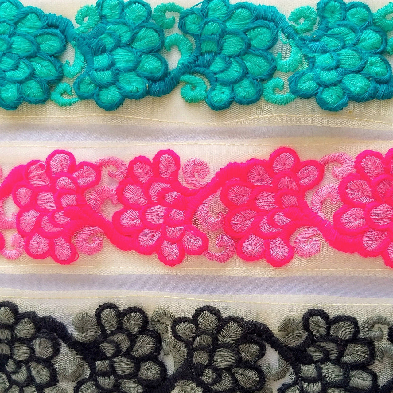 Beige Net Lace Trim With Blue / Black And Grey / Pink Floral Embroidery, Floral Trim, Approx. 45mm wide - 210119L508 / 09/ 10