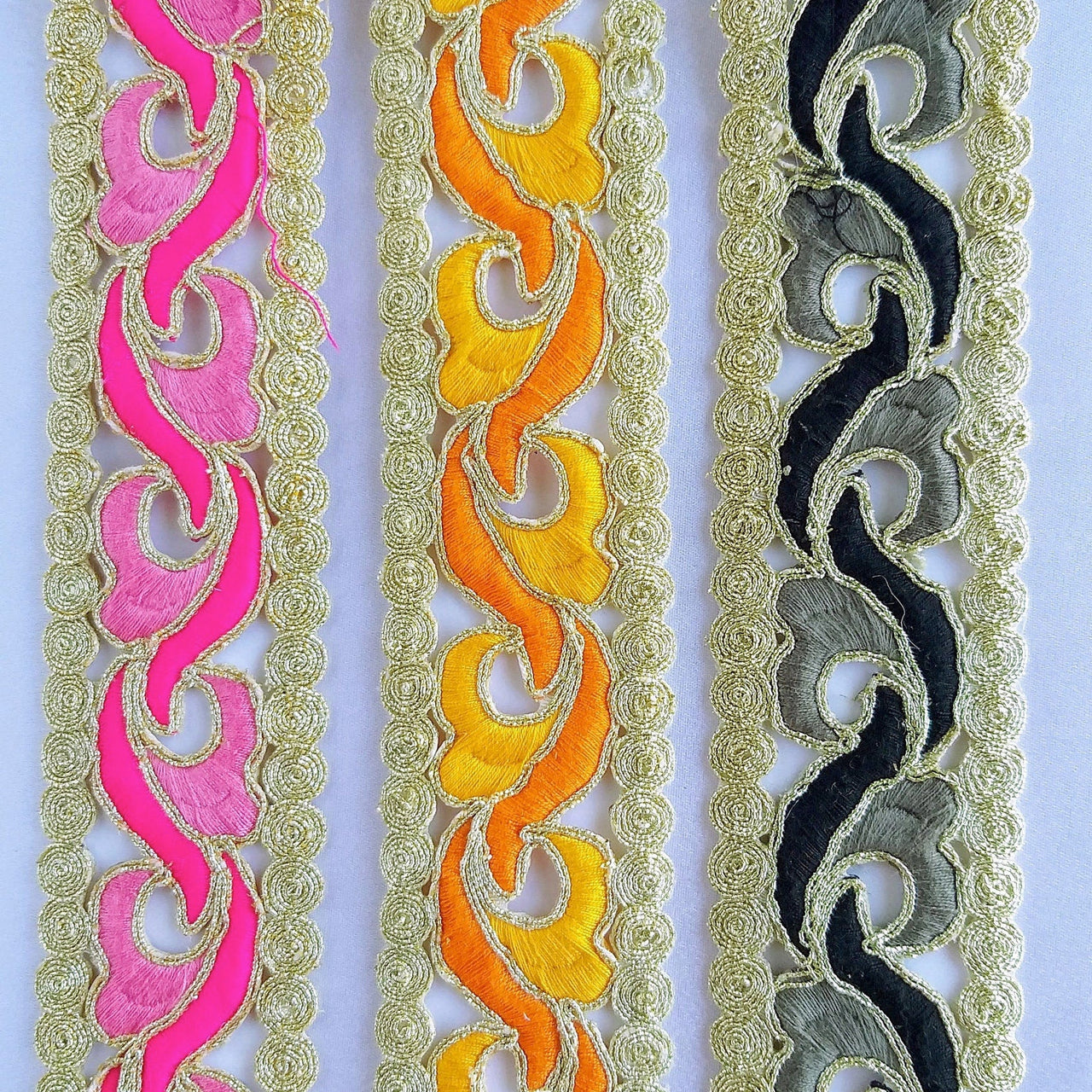 Black, Grey And Gold Cut Work Embroidered Trim, Approx. 48mm wide