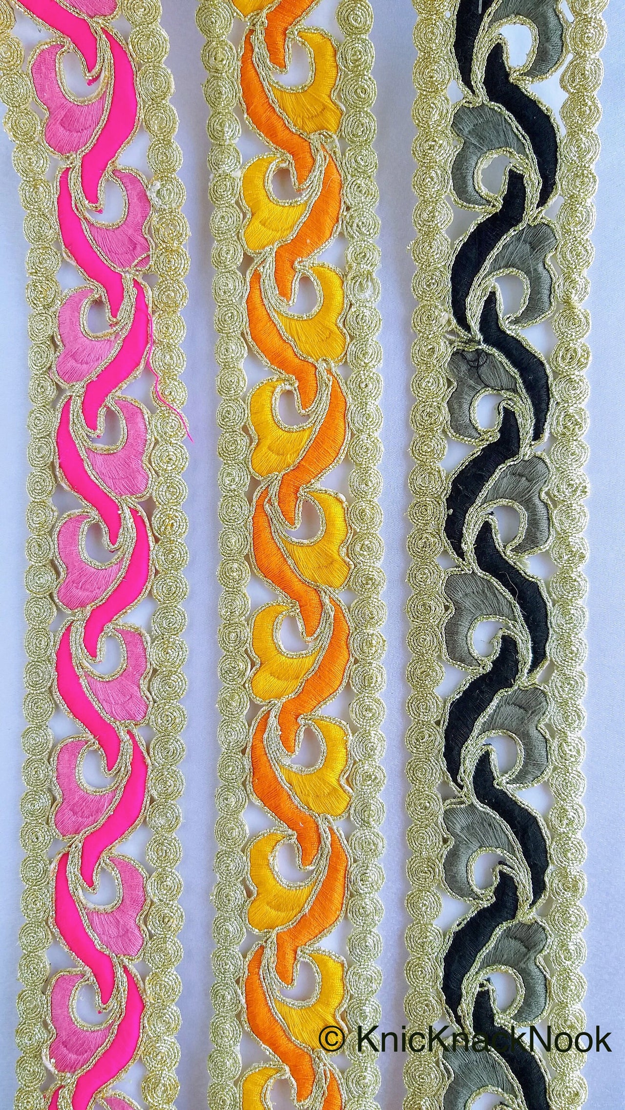 Wholesale Black And Gold Cut Work Embroidered Trim, Approx. 48mm wide, Indian Embroidered Sari Border