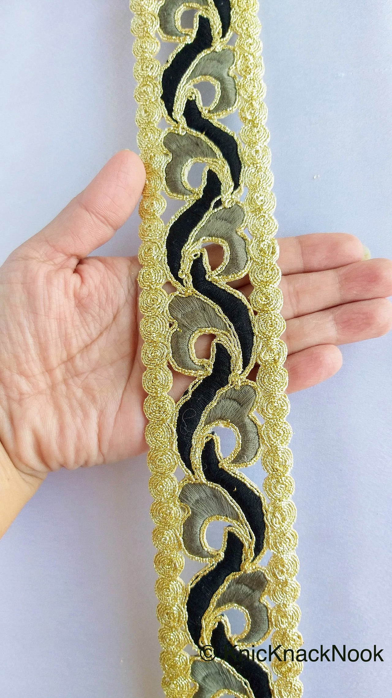 Wholesale Black And Gold Cut Work Embroidered Trim, Approx. 48mm wide, Indian Embroidered Sari Border