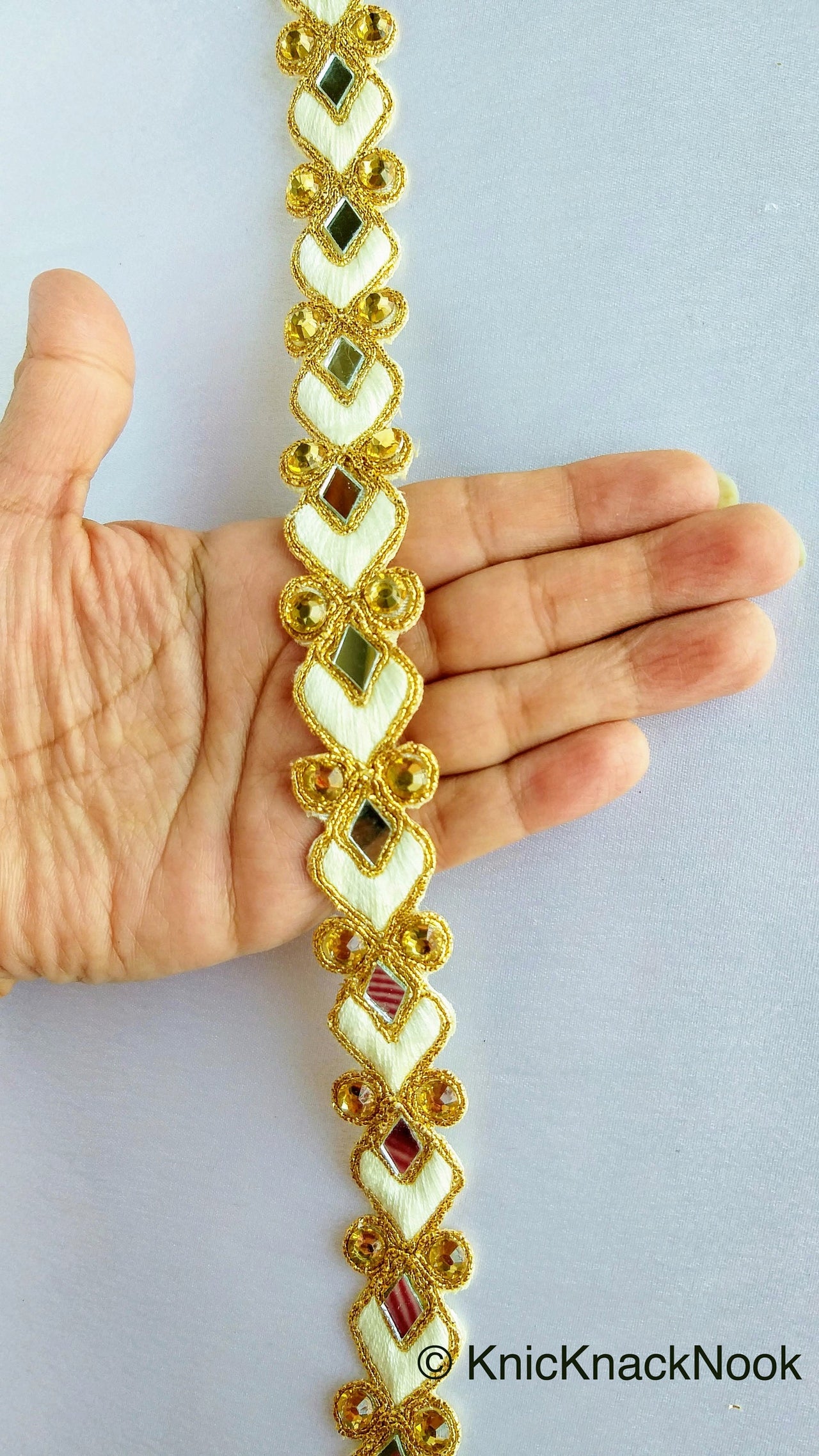Off White And Gold Thread Lace Trim With Beads And Mirrors Embellishments Approx. 22mm, Decorative Fashion Trim Sari Border Trim by 9 Yards
