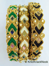 Thumbnail for Off White And Gold Thread Lace Trim With Beads And Mirrors Embellishments Approx. 22mm, Decorative Fashion Trim Sari Border Trim by 9 Yards
