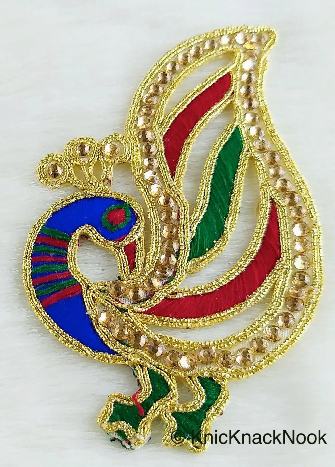 Cutwork Peacock Applique, Embroidered Peacock Applique with Stone Embellishments Red, Blue