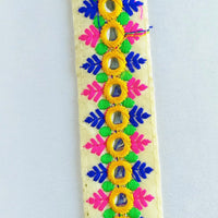 Thumbnail for Beige Mirrored Fabric Trim With Yellow, Fuchsia Pink, Blue And Green Embroidery