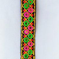 Thumbnail for Black Cotton Fabric Mirrored Trim With Embroidery In Fuchsia Pink, Green, Red & Yellow Threads