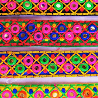 Thumbnail for Blue Cotton Fabric Mirrored Trim With Embroidery In Fuchsia Pink, Green, Red & Yellow Threads