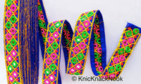 Thumbnail for Blue Cotton Fabric Mirrored Trim With Embroidery In Fuchsia Pink, Green, Red & Yellow Threads