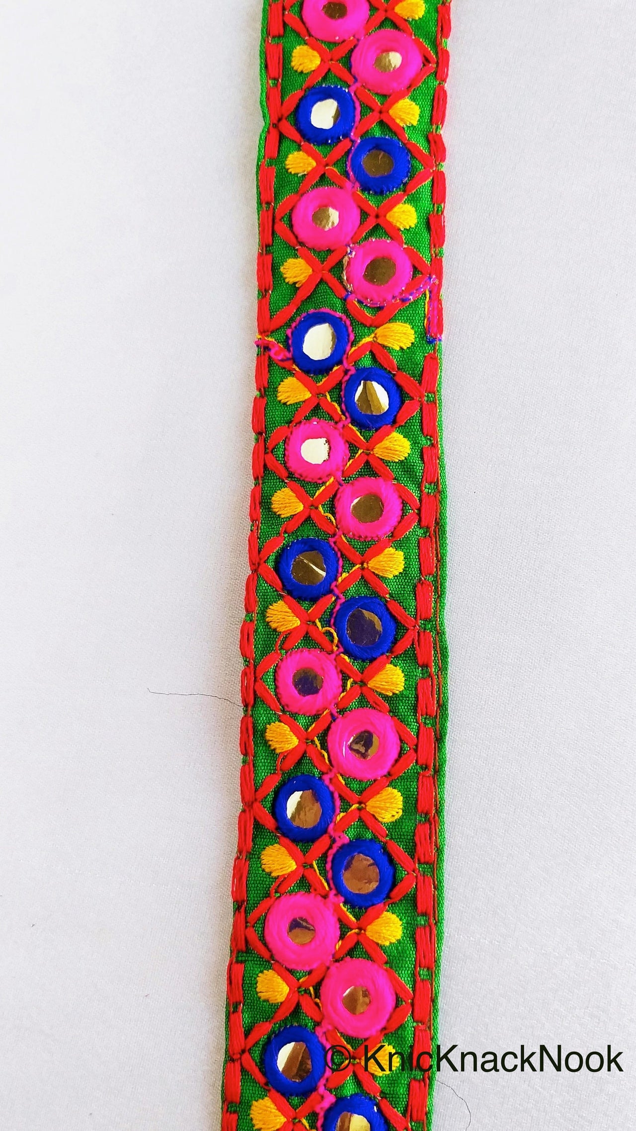 Green Cotton Fabric Mirrored Trim With Embroidery In Fuchsia Pink, Blue, Red & Yellow Threads