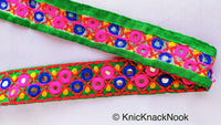 Thumbnail for Green Cotton Fabric Mirrored Trim With Embroidery In Fuchsia Pink, Blue, Red & Yellow Threads