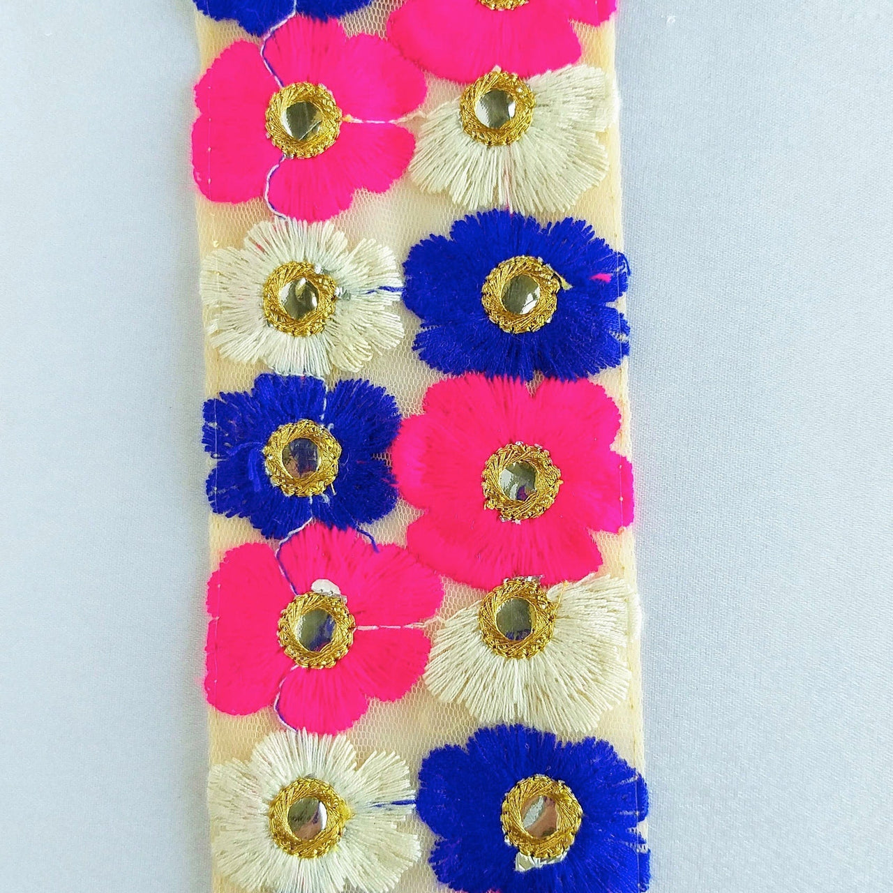 Beige Net Lace Trim In Blue, Off White, Fuchsia Pink And Gold Floral Embroidery And Mirror Embellishments