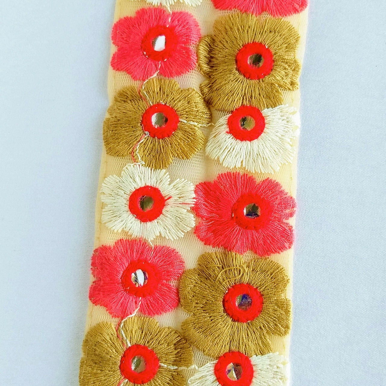 Beige Net Lace Trim In Brown, Pink, Off White And Red Floral Embroidery And Mirror Embellishments