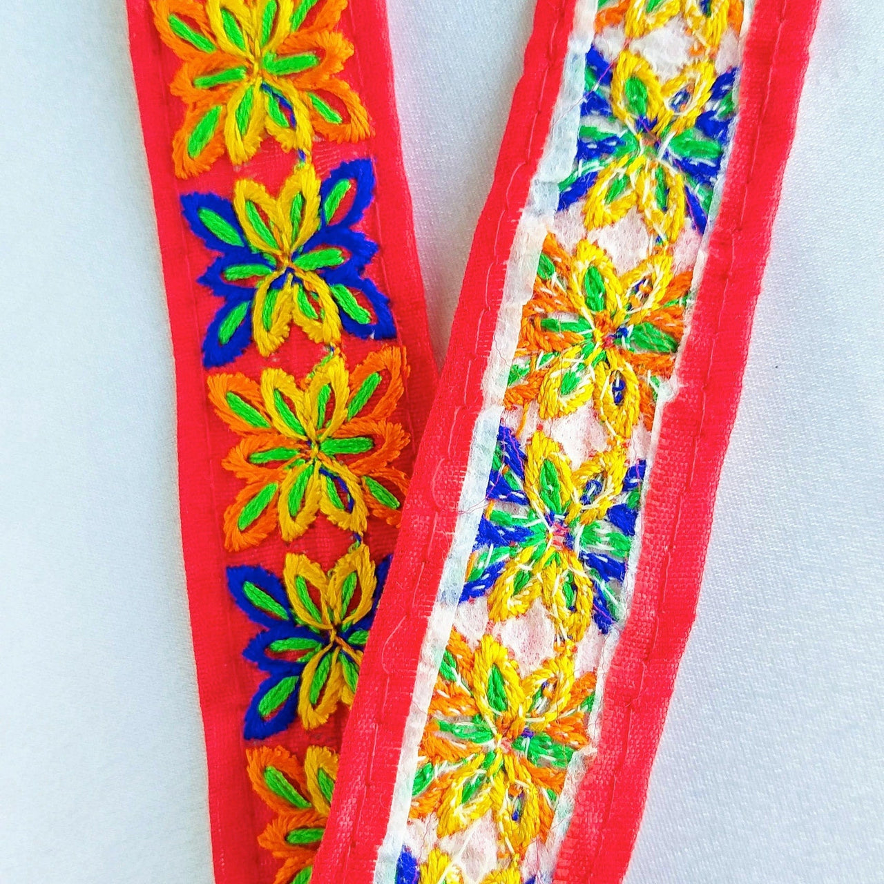 Red Cotton Fabric Trim With Blue, Orange Yellow & Green Embroidery, Boho trim