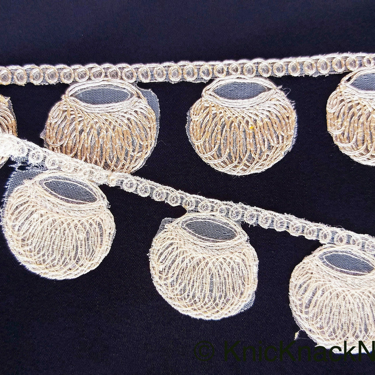 Gold Shimmer Thread Embroidered Circle Design Thread Trim, Fringe Trim, Approx. 34mm wide